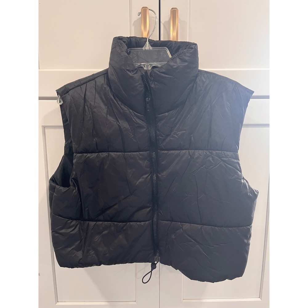 Black Puffer Vest Sleeveless Quilted Zip Up Cropped Jacket‎ Large